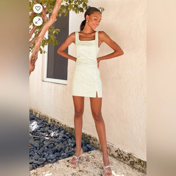 Lulu's Happy Chance Sage Green Gingham Square Neck Mini Dress - Small - Picture 5 of 12